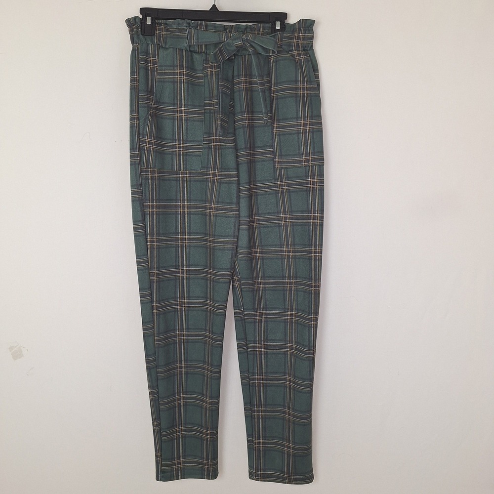 Cottagecore Retro Whimsigoth Plaid Paperbag Pants Sho Apparel L Green Tapered